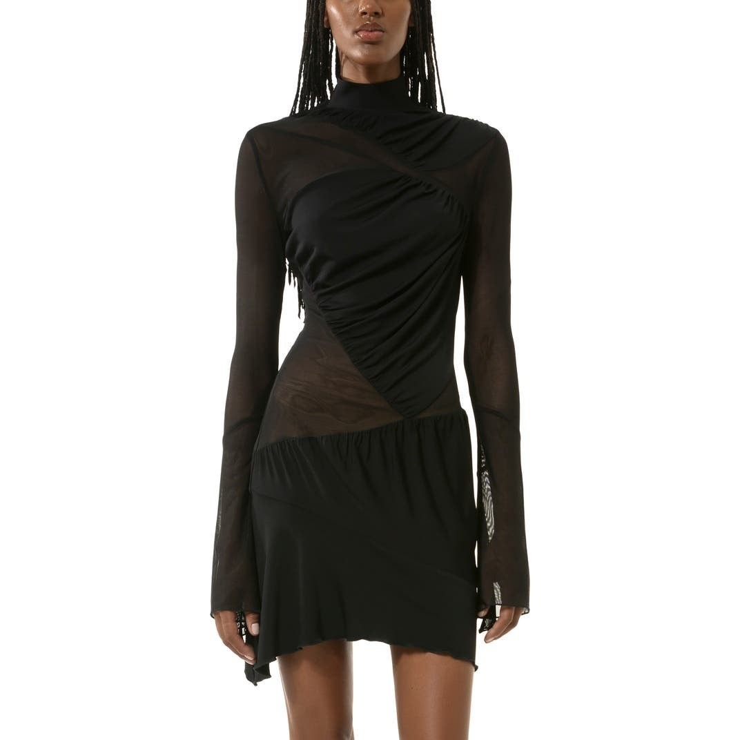 Mach & Mach Black Sheer Panel Long Sleeve Turtleneck Mini Dress Size 8 Nwt